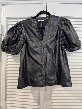 Puff Sleeve Faux Leather Blouse - Black